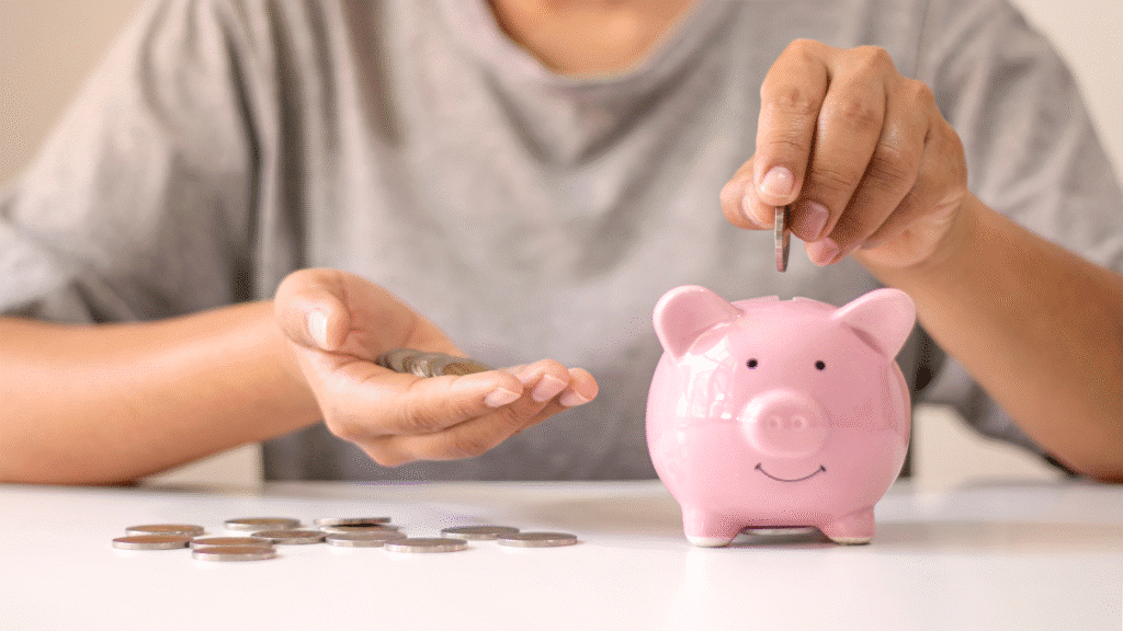 Piggy bank and assorted coins