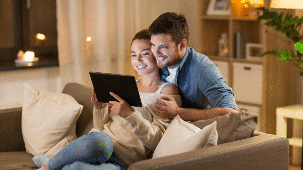 Young couple logging in to block and estate management customer portal